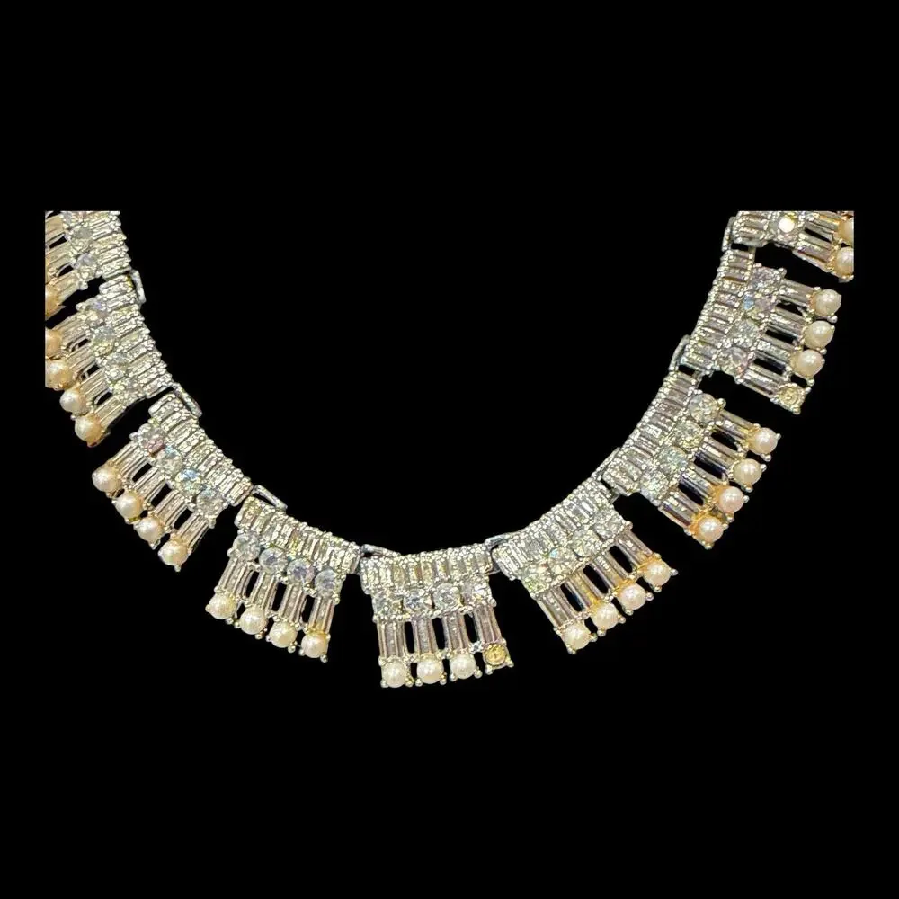 Vintage 1950s Coro AB Rhinestone Baguette Faux Pearl Fringe Choker Necklace 16”